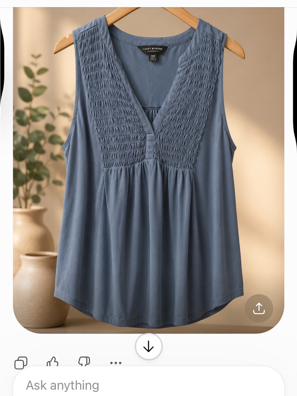 Lucky Brand Dusty Blue Smocked V-Neck Sleeveless Camisole